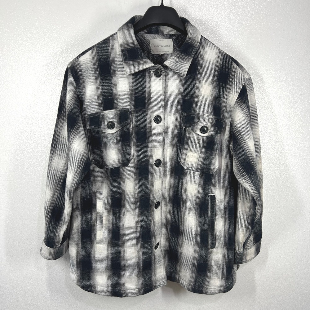 Lucky Brand Plaid Shirt Jacket‎ Cotton Button Front Shacket Black White Large
